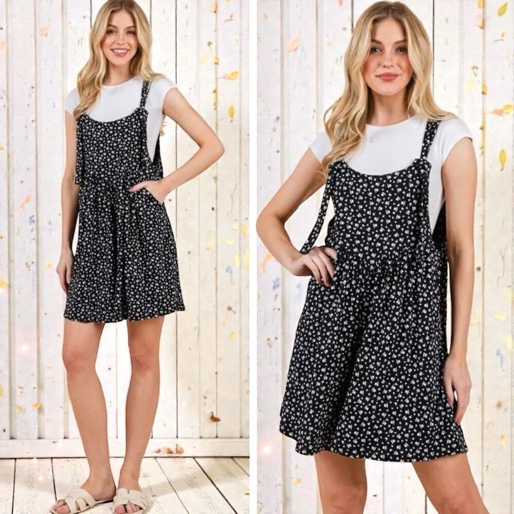 Black Ditsy Floral Print Overall Jumpsuit Romper with Pockets NWT | Boutique
